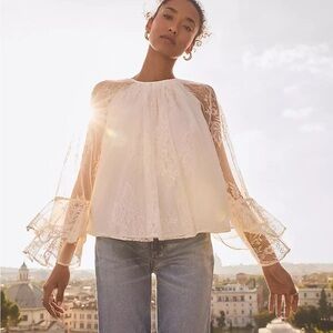 Loft Chantilly Lace Flare Sleeve Cream Blouse Large NWT